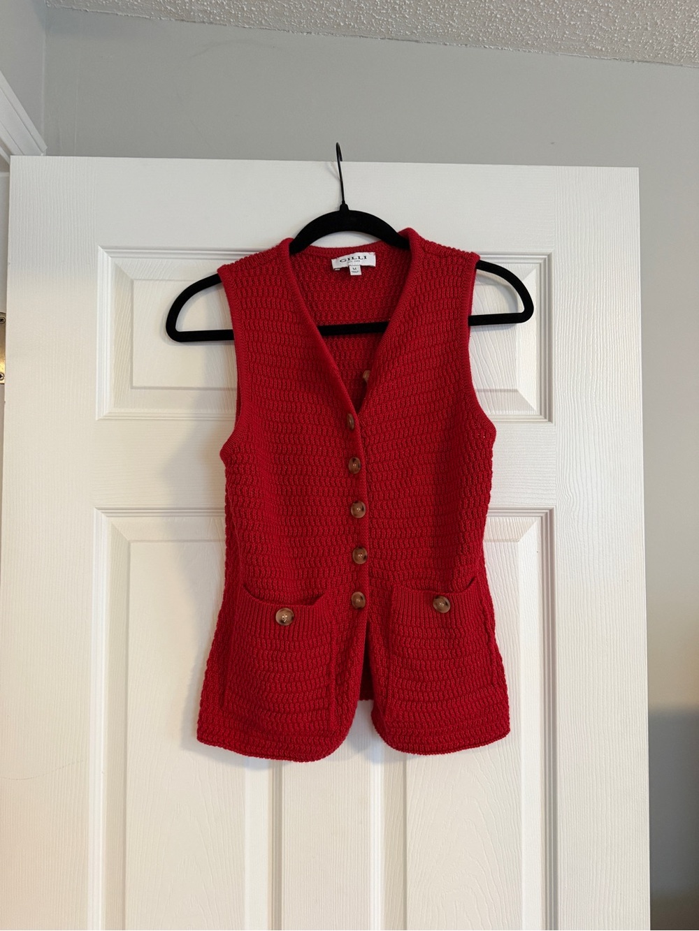 Gilli Red Crochet Button-Front V-Neck Sweater Vest